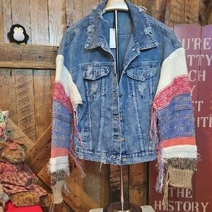 Distressed Denim Jacket with Colorful Knit Sleeves